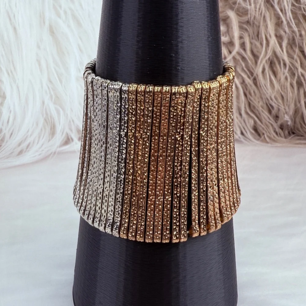 Silvertone aged Goldtone, black gunmetal wide band stretch bracelet